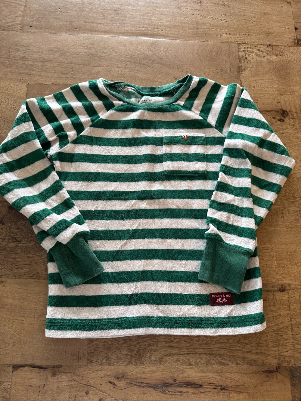 Souris Mini Green White Striped terrycloth pyjama Long Sleeve Top size 4